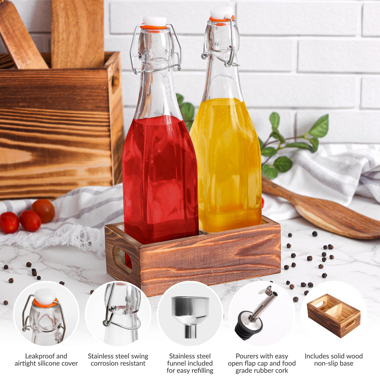 Flip Top Clear Glass Bottle with Wood Tray, Funnel and Pourer (Set of 2)