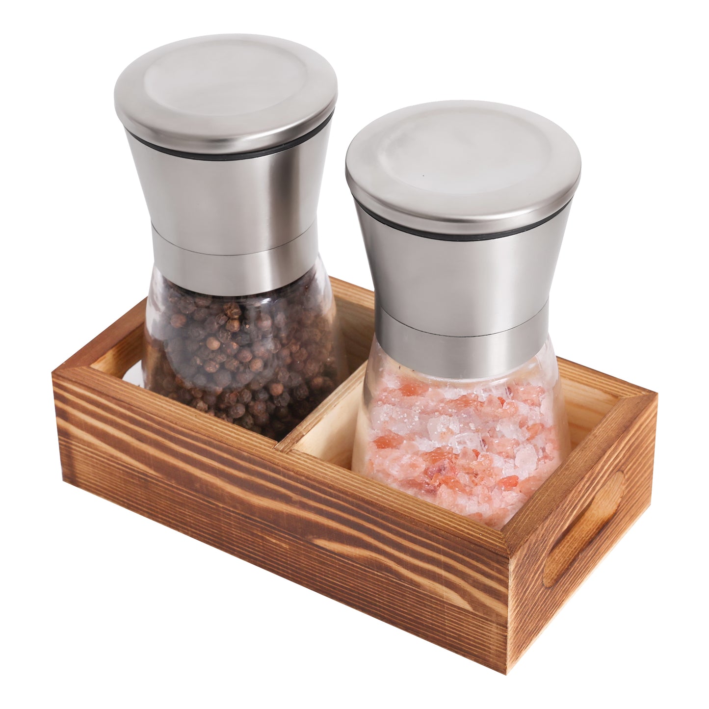 Salt and Pepper Grinder Set with Wood Tray, Glass and Stainless Steel