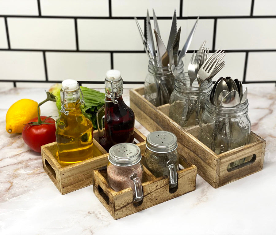 Mason Jar Salt and Pepper Shakers Set with Wood Caddy