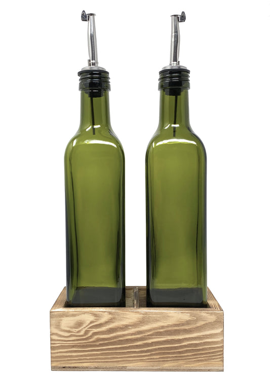 Oil and Vinegar Bottle Set of 2 - 17oz Green Glass Olive Oil Dispenser