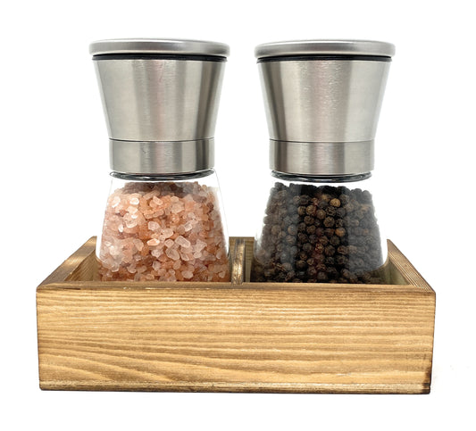 Salt and Pepper Grinder Set with Wood Tray, Glass and Stainless Steel