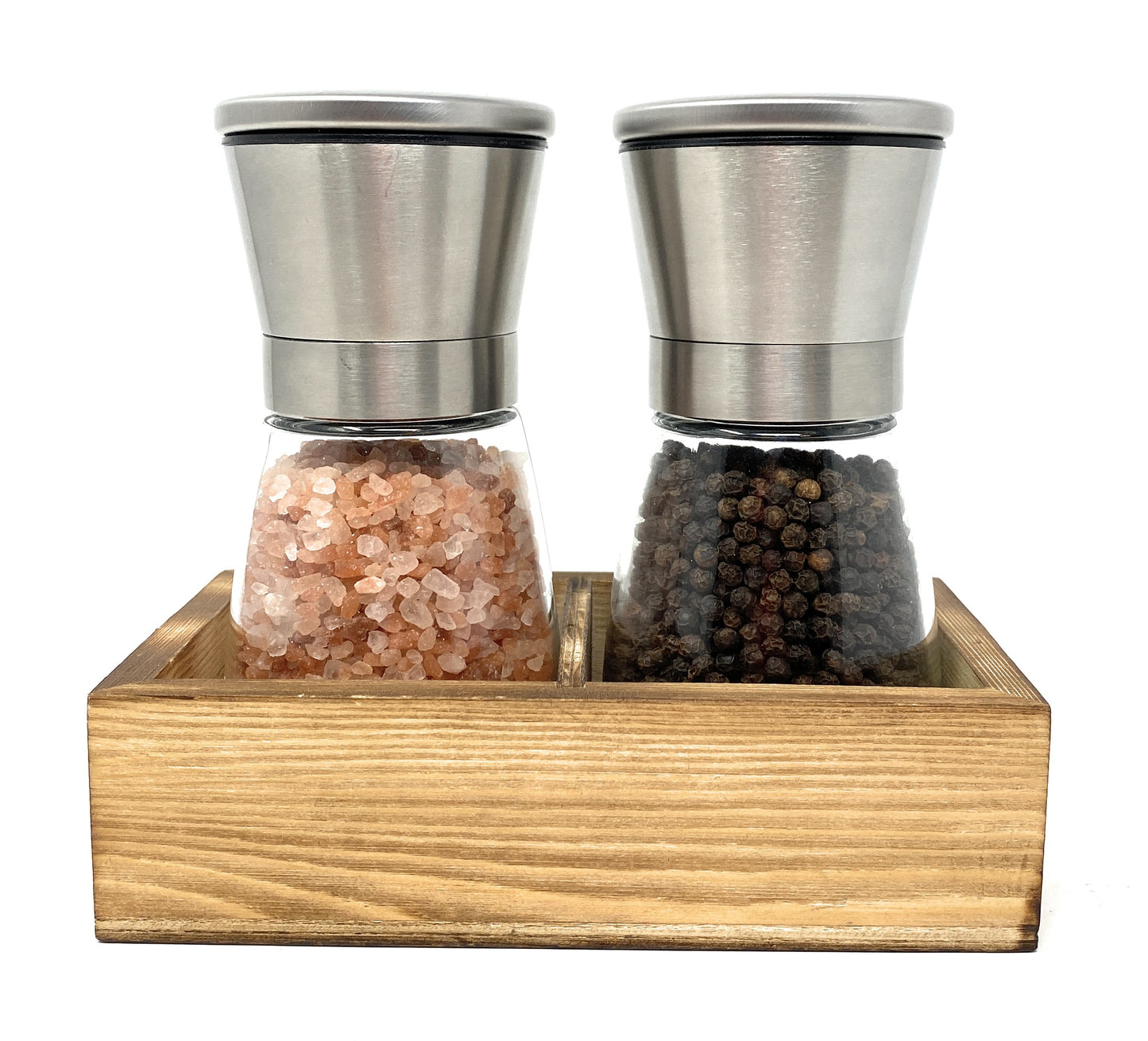 Salt and Pepper Grinder Set with Wood Tray, Glass and Stainless Steel