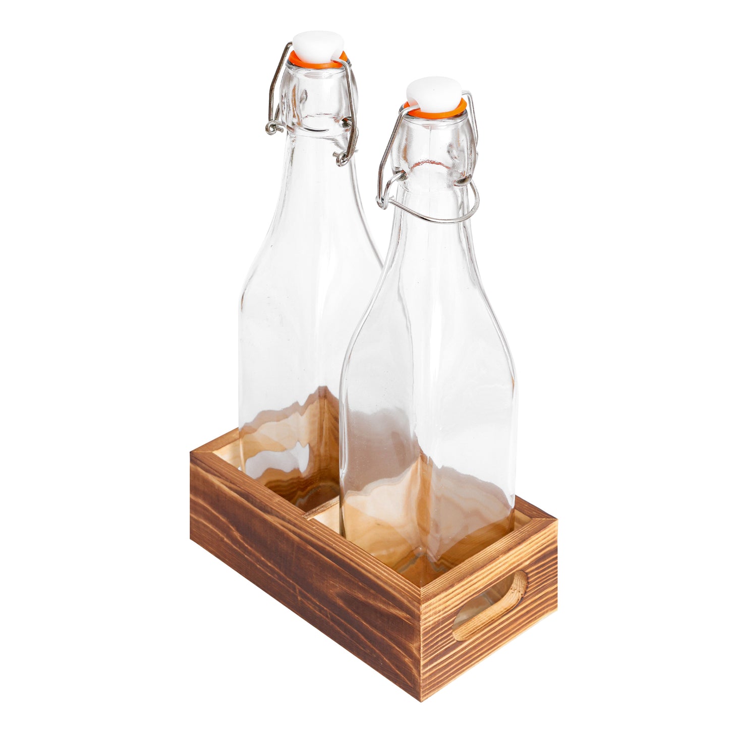 Flip Top Clear Glass Bottle with Wood Tray, Funnel and Pourer (Set of 2)