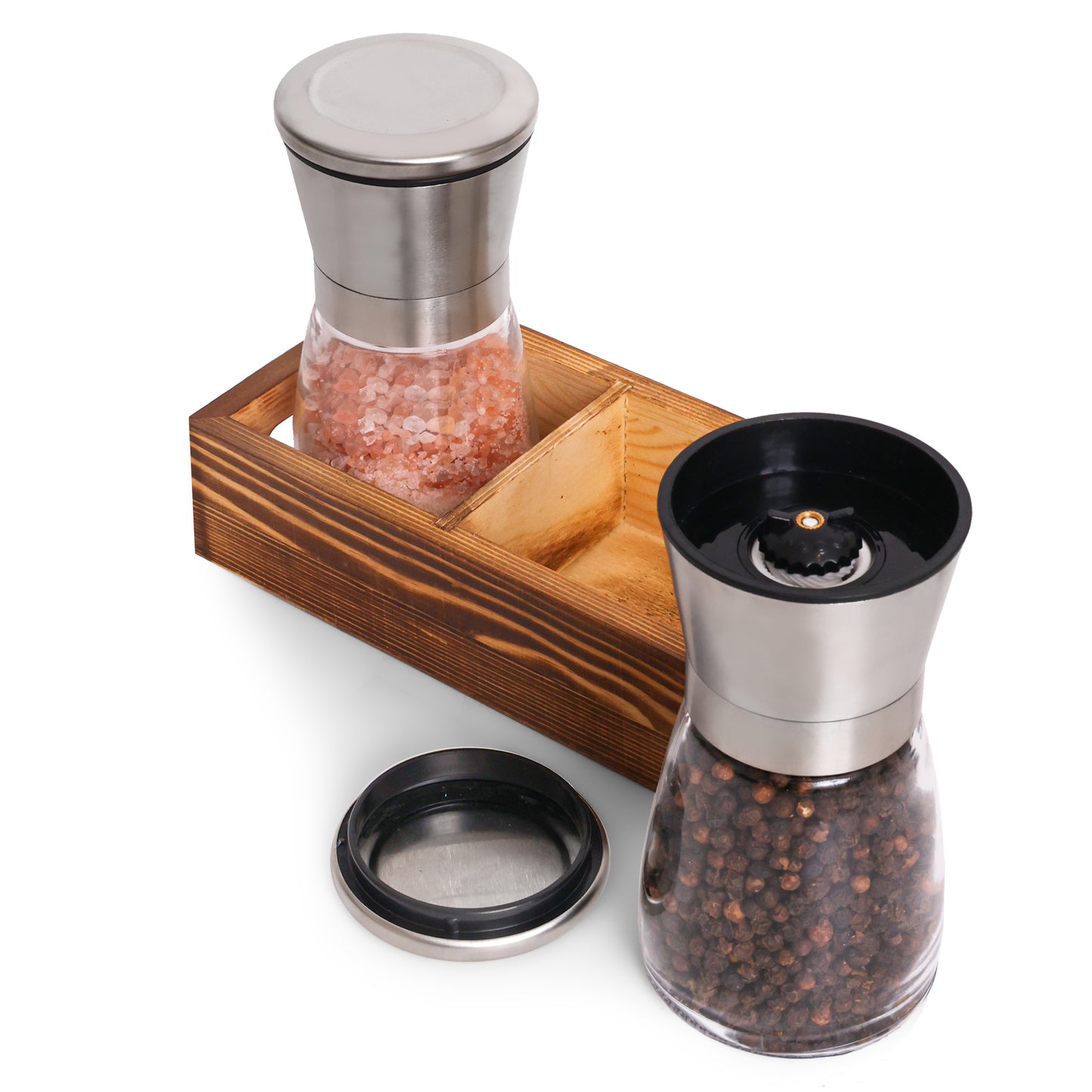Salt and Pepper Grinder Set with Wood Tray, Glass and Stainless Steel