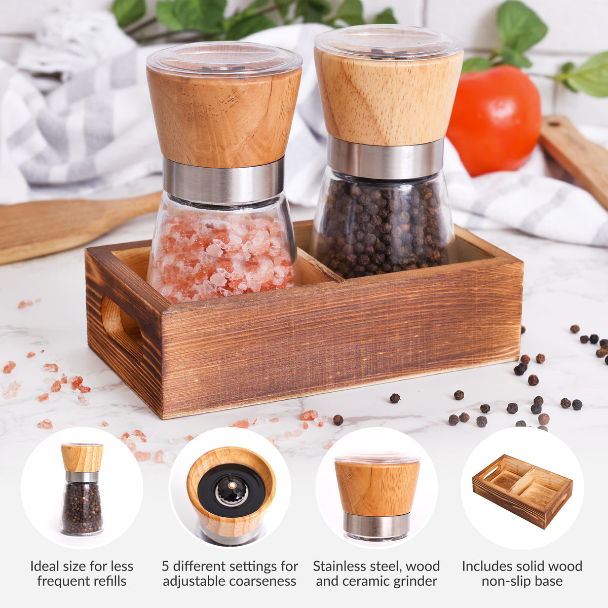 Wood Salt and Pepper Grinder Set Adjustable and Refillable