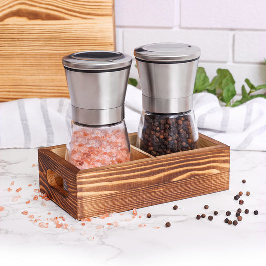 Salt and pepper grinder set with stainless top and wooden caddy