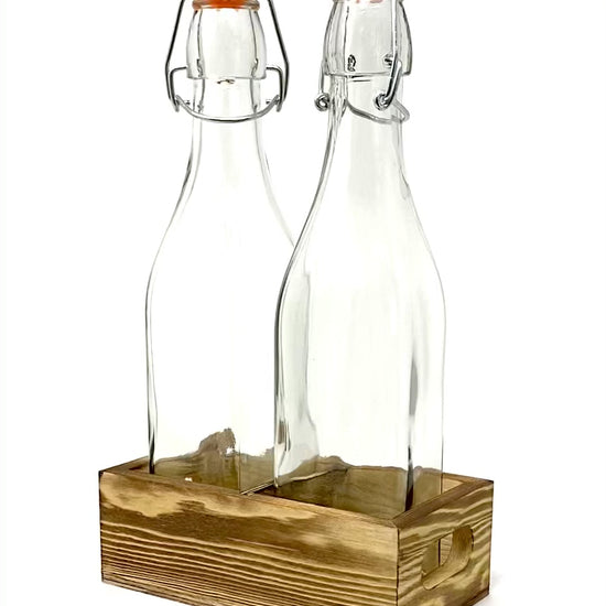 Flip Top Glass Bottles Set with Wood Caddy