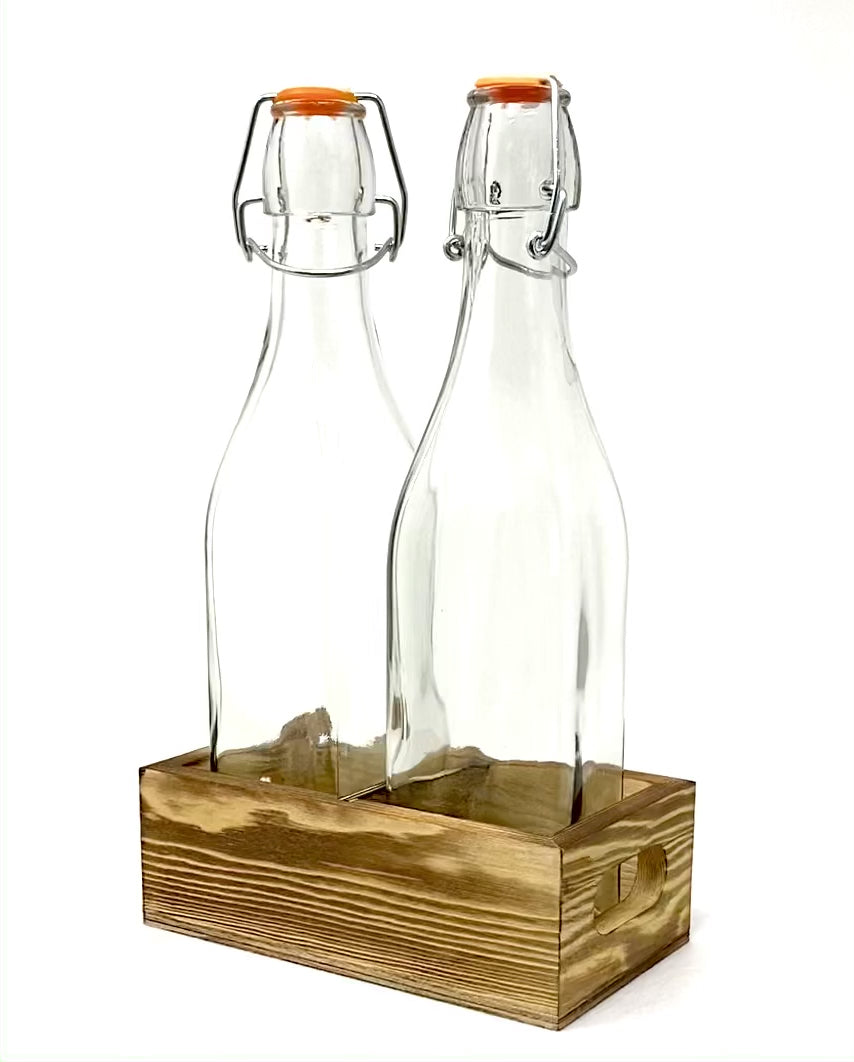 Flip Top Glass Bottles Set with Wood Caddy