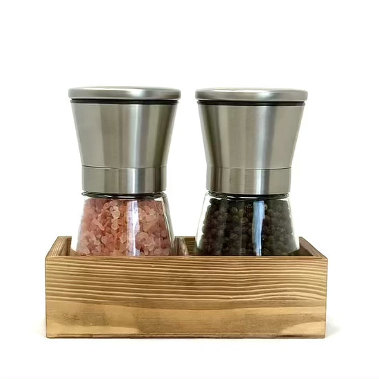 Stainless Salt and pepper grinder set with wooden holder