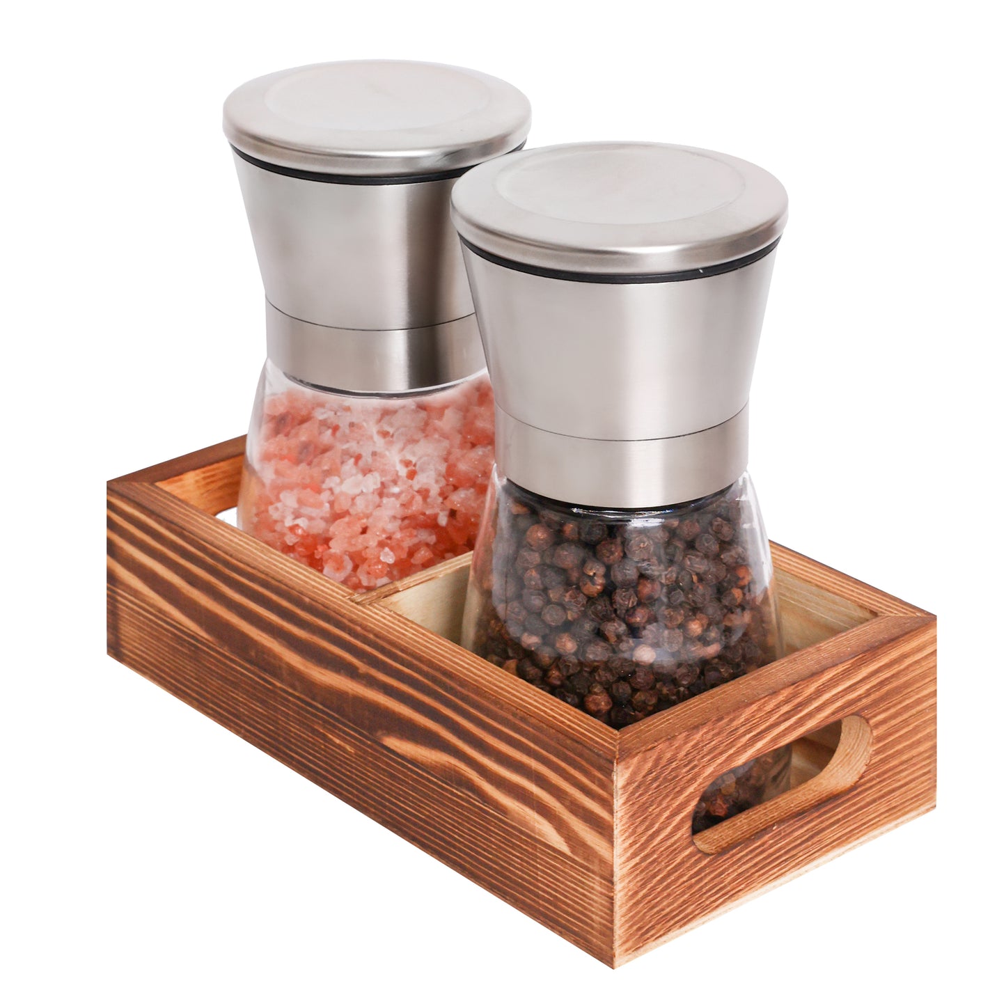 Salt and pepper grinder set with a wooden caddy on a white background