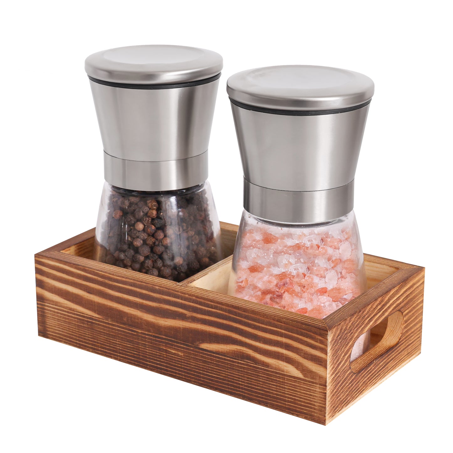 Salt and pepper grinders stainless with a wooden caddy on a white background