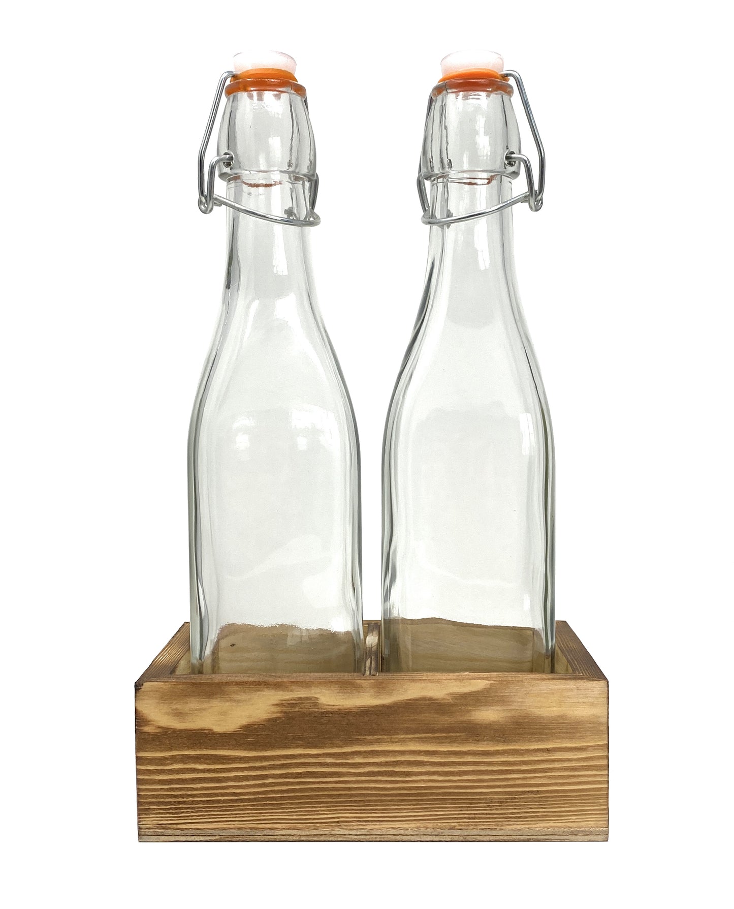Flip Top Clear Glass Bottle with Wood Tray, Funnel and Pourer (Set of 2)