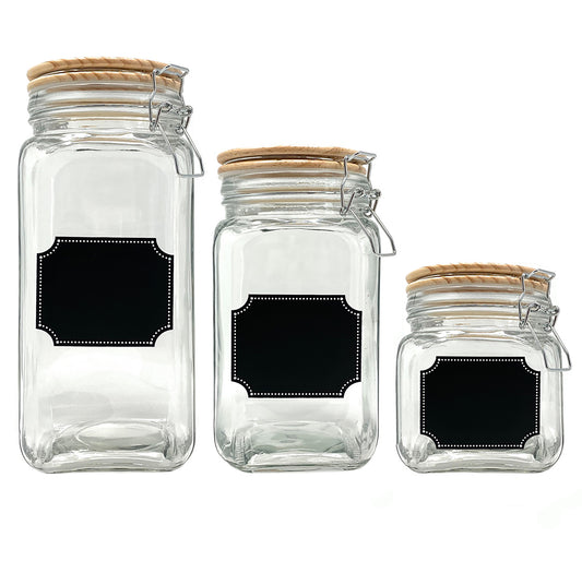 Glass Canisters with Airtight Wood Lid and Chalkboard Labels (Set of 3)