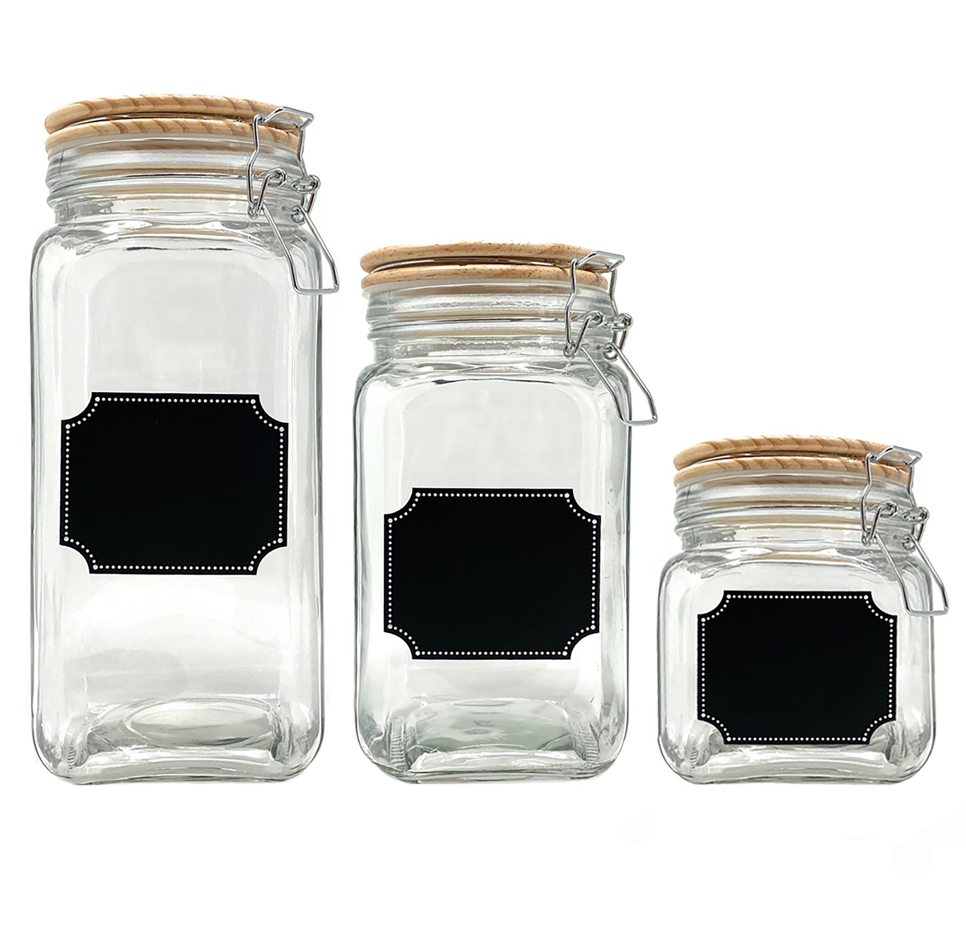 FS Kitchen Round Clear Glass Airtight Lids Chalkboard Canister Jar (Set of 3) with 3 Stick on Labels and Chalk