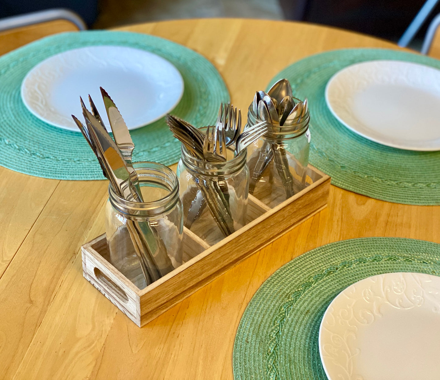 Mason Jar Glass Utensil Holder Flatware Organizer with Wood Caddy (Set of 3)
