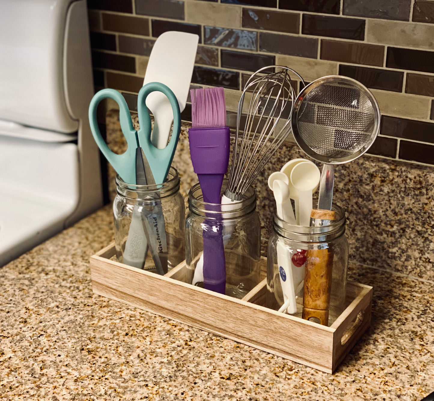 Mason Jar Glass Utensil Holder Flatware Organizer with Wood Caddy (Set of 3)