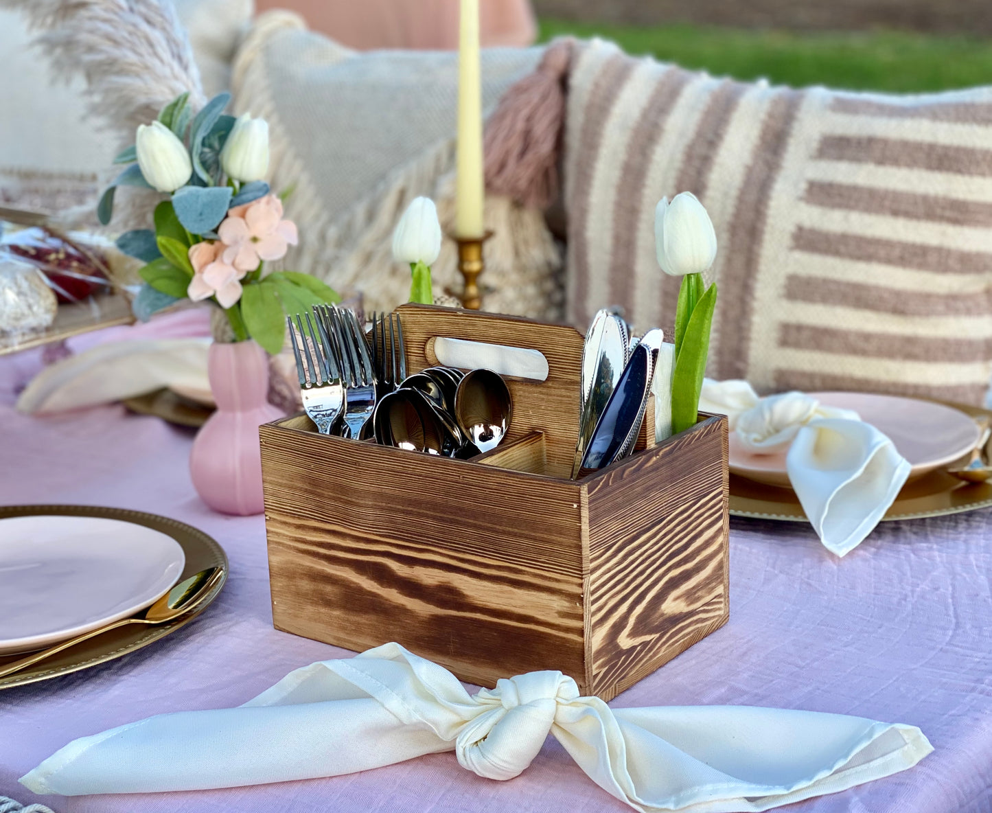 Utensil and Napkin Holder Flatware Caddy with Handle Rustic Wood