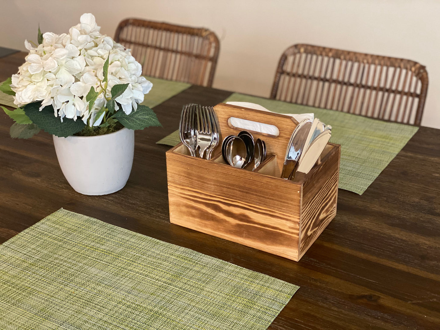 Utensil and Napkin Holder Flatware Caddy with Handle Rustic Wood