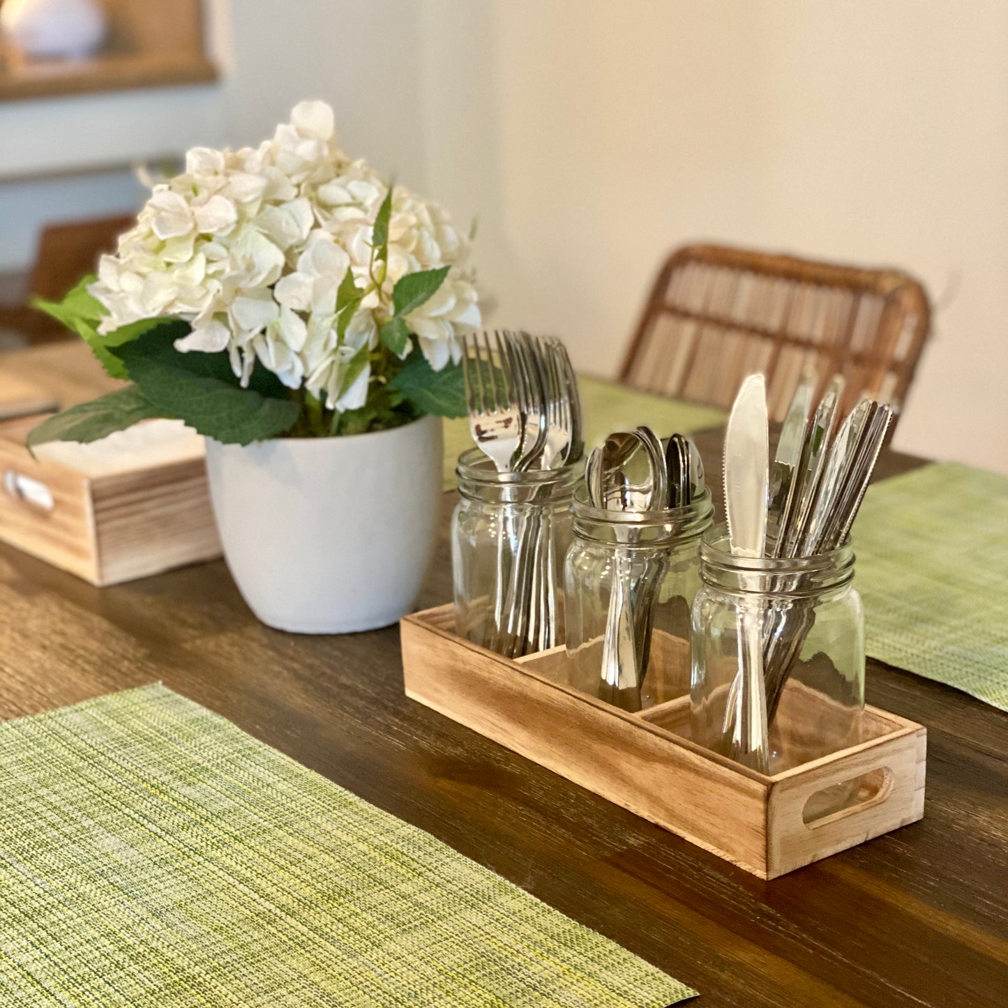 Mason Jar Glass Utensil Holder Flatware Organizer with Wood Caddy (Set of 3)