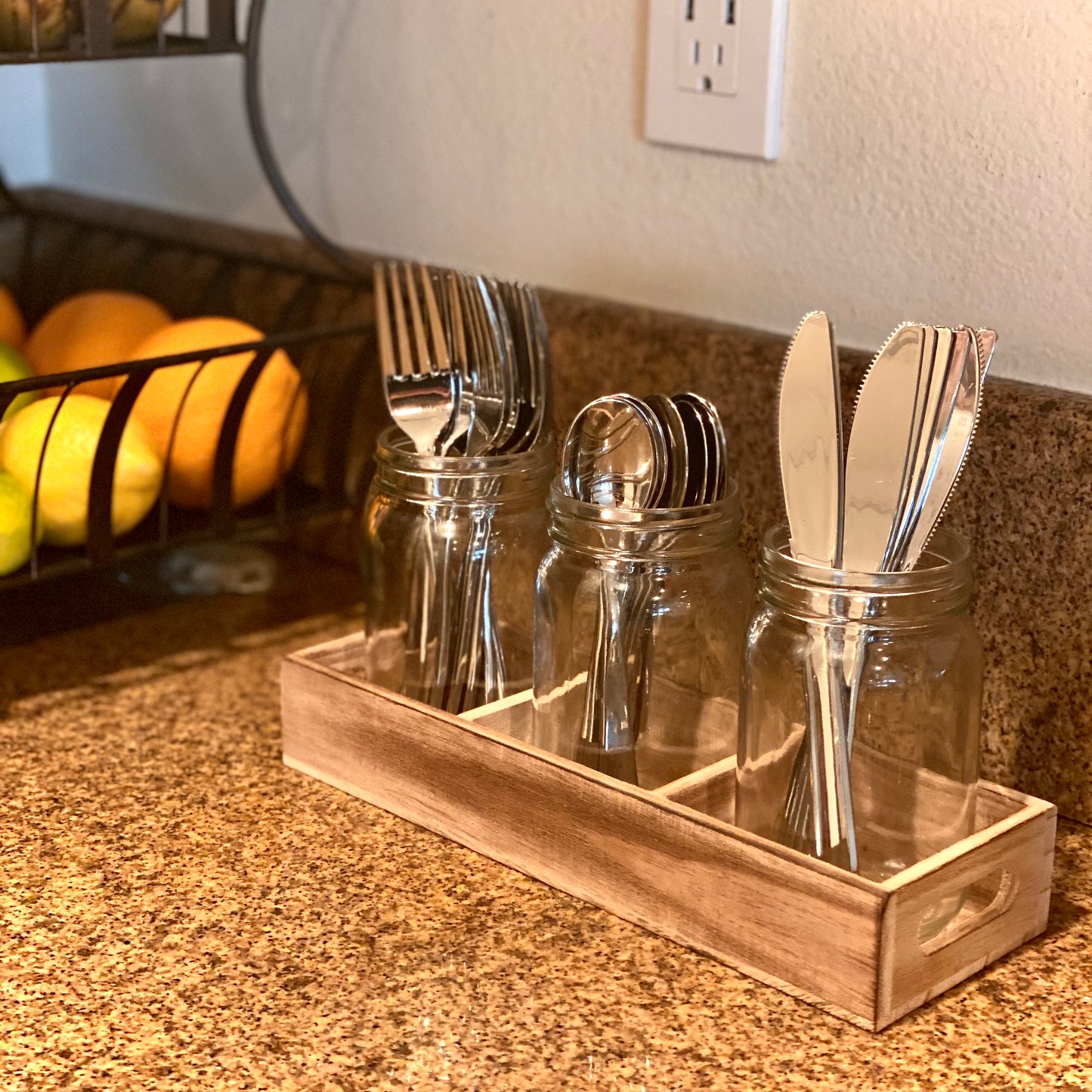 Mason Jar Glass Utensil Holder Flatware Organizer with Wood Caddy (Set of 3)