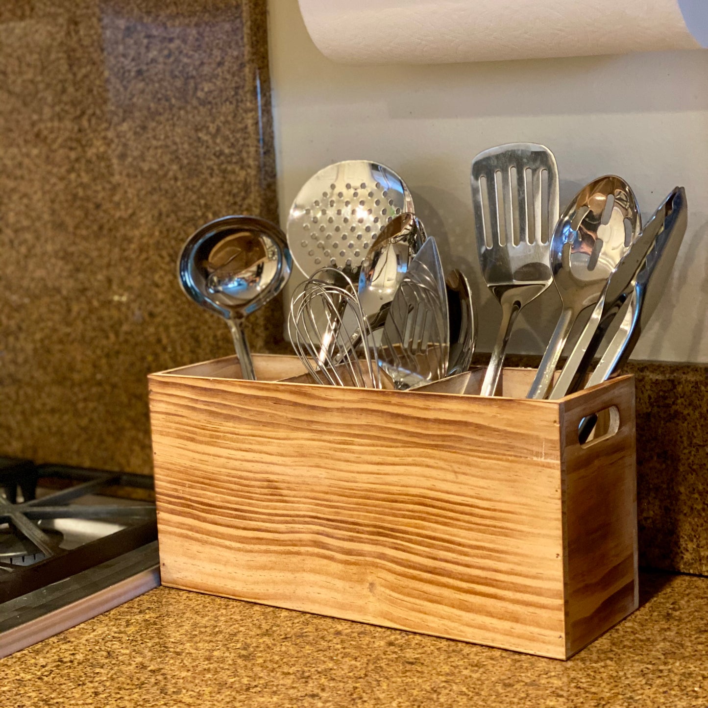 Utensil Holder in Rustic Wood for Kitchen Countertop and Cooking Tools