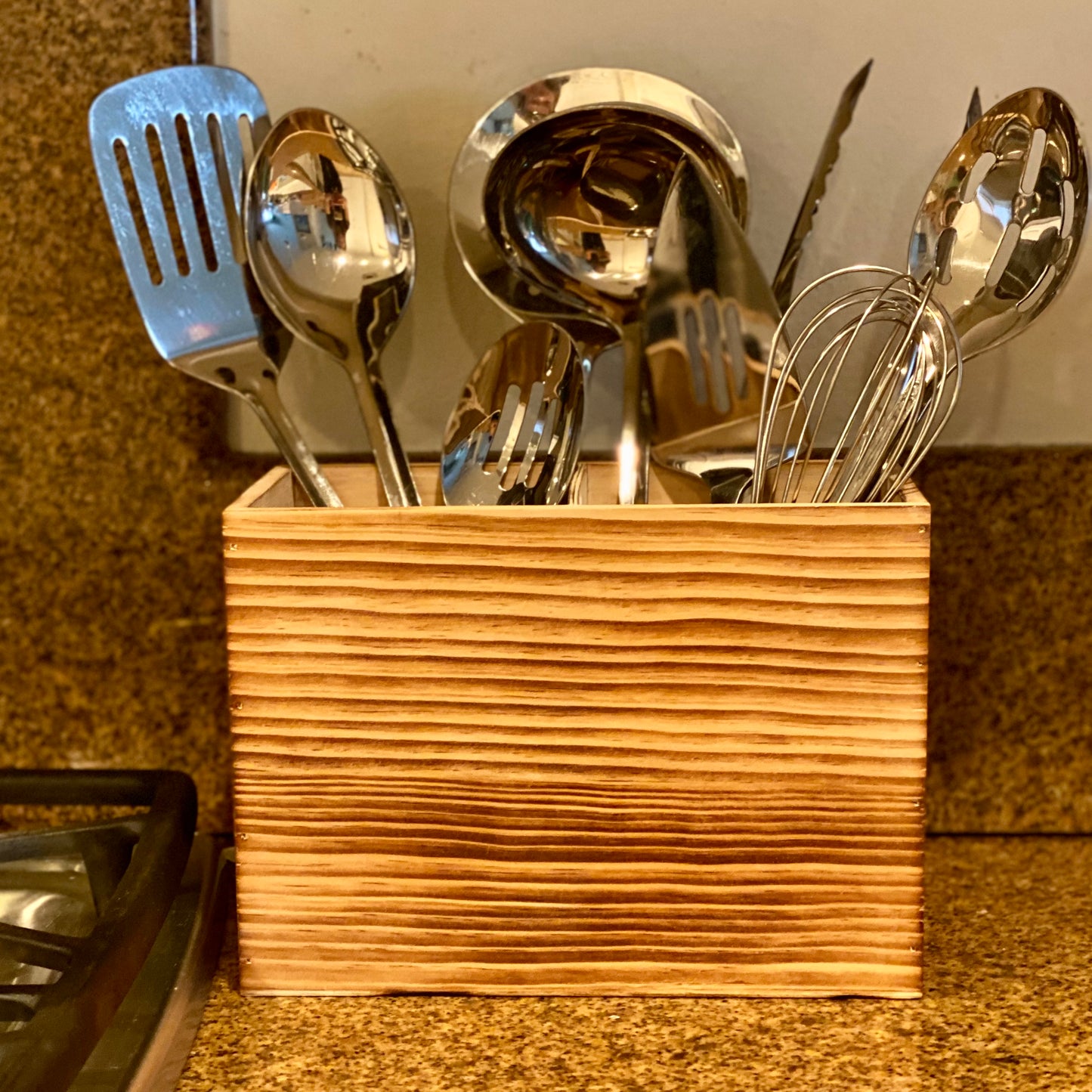 Utensil Holder in Rustic Wood for Kitchen Countertop and Cooking Tools