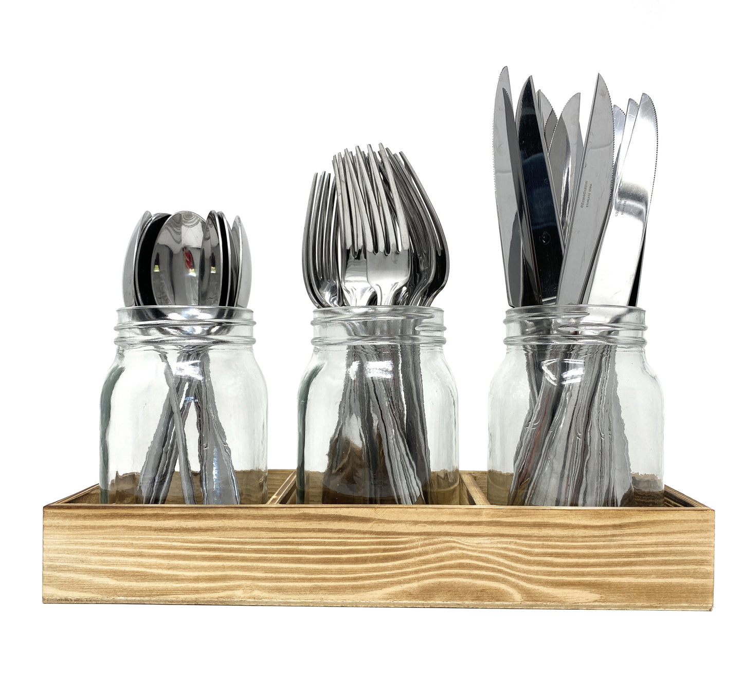 Mason Jar Glass Utensil Holder Flatware Organizer with Wood Caddy (Set of 3)