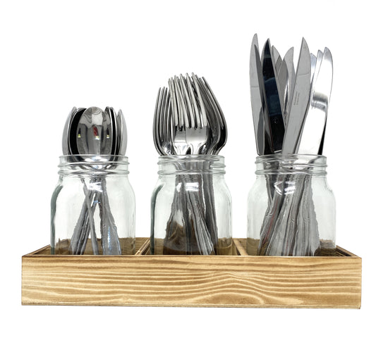 Mason Jar Glass Utensil Holder Flatware Organizer with Wood Caddy (Set of 3)