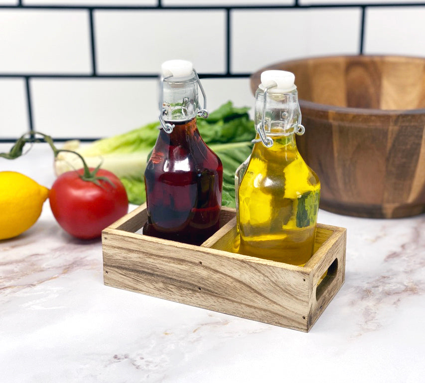 Oil and Vinegar Dispenser Set Cruet Glass Bottles with Swing Top and Wood Caddy for Salad Dressing Condiments, Rustic and Farmhouse Kitchen Decor