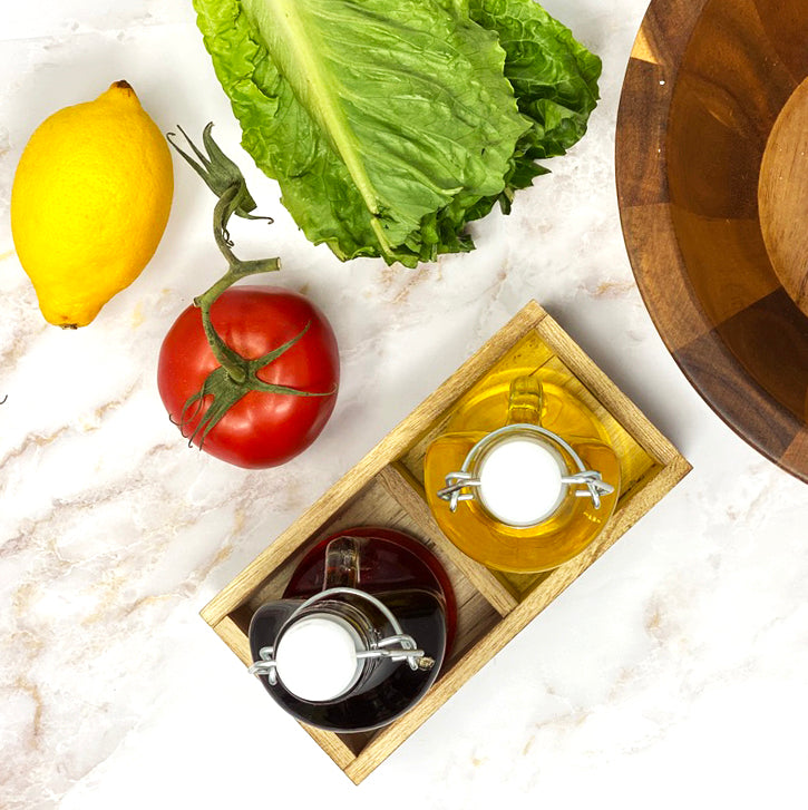 Oil and Vinegar Dispenser Set Cruet Glass Bottles with Swing Top and Wood Caddy for Salad Dressing Condiments, Rustic and Farmhouse Kitchen Decor