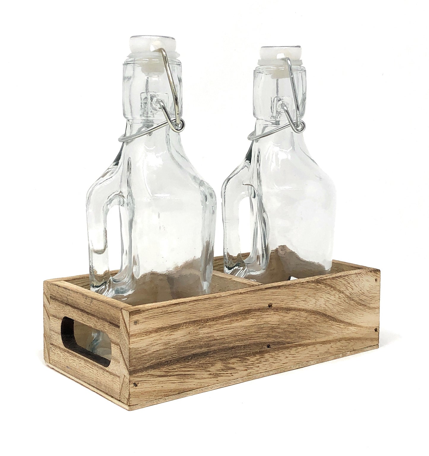 Oil and Vinegar Dispenser Set Cruet Glass Bottles with Swing Top and Wood Caddy for Salad Dressing Condiments, Rustic and Farmhouse Kitchen Decor