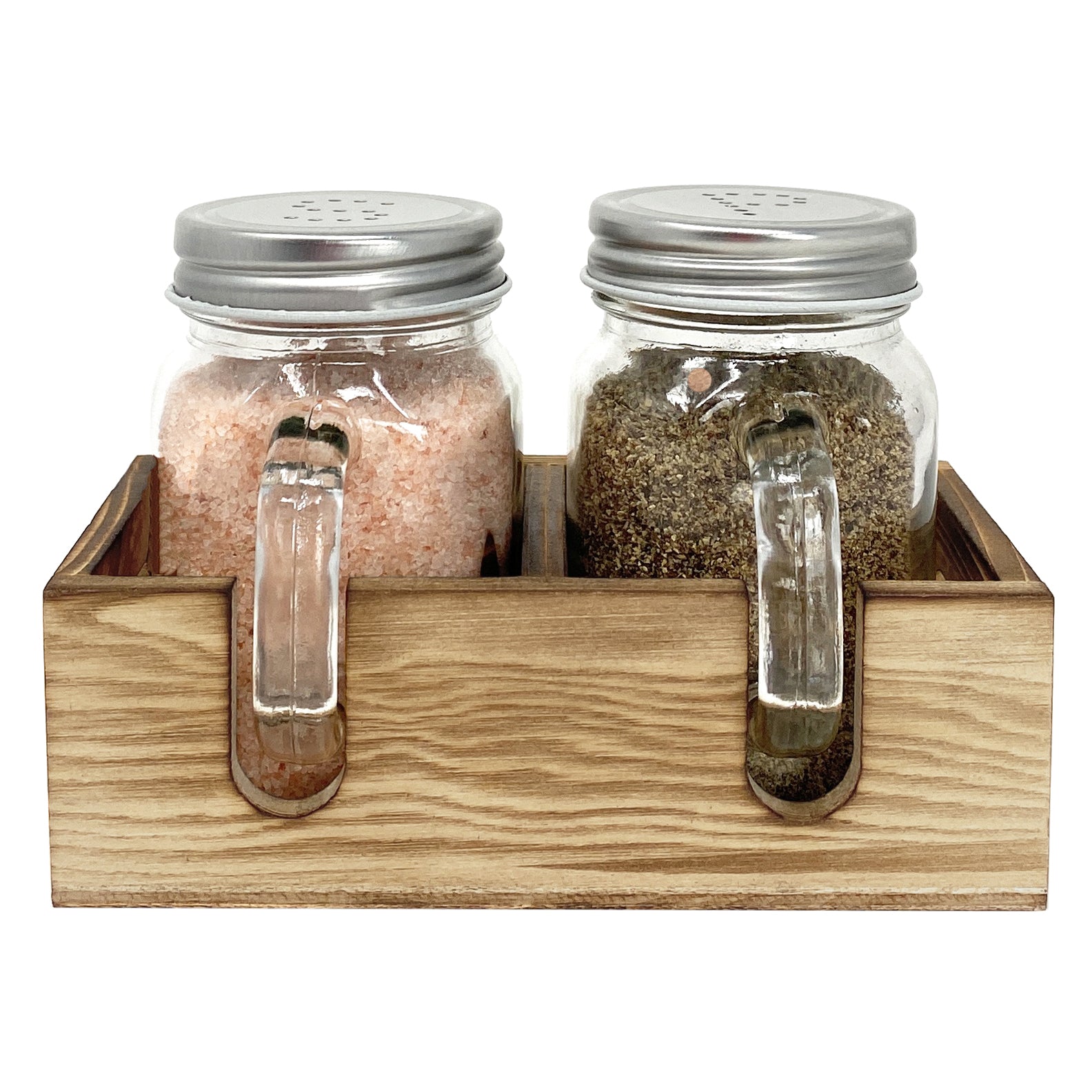 Jar Salt Pepper Shakers Set with Wood Caddy Easy Clean Refill