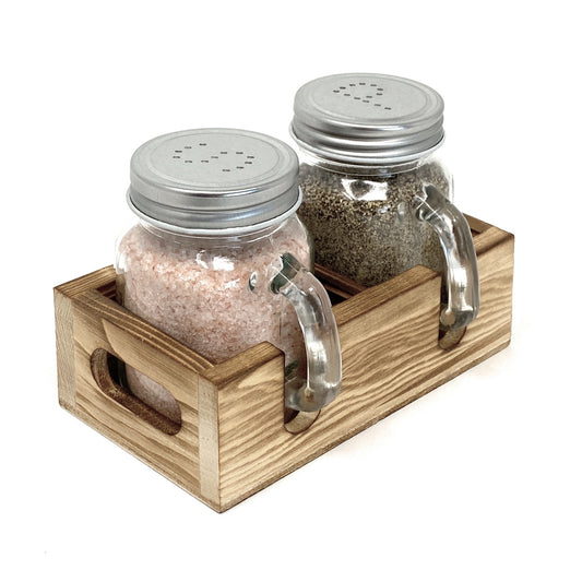 Mason Jar Salt and Pepper Shakers Set with Wood Caddy, Easy to Clean & Refill for Farmhouse Rustic Kitchen