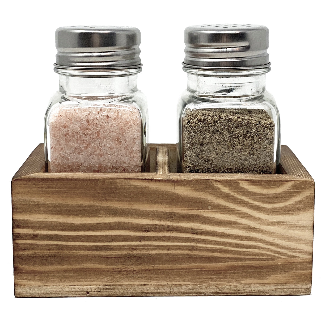 Salt and Pepper Shaker Set with Wood Holder, Glass Containers, Stainless Steel Lids