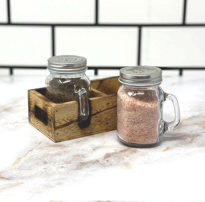 Mason Jar Salt and Pepper Shakers Set with Wood Caddy, Easy to Clean & Refill for Farmhouse Rustic Kitchen