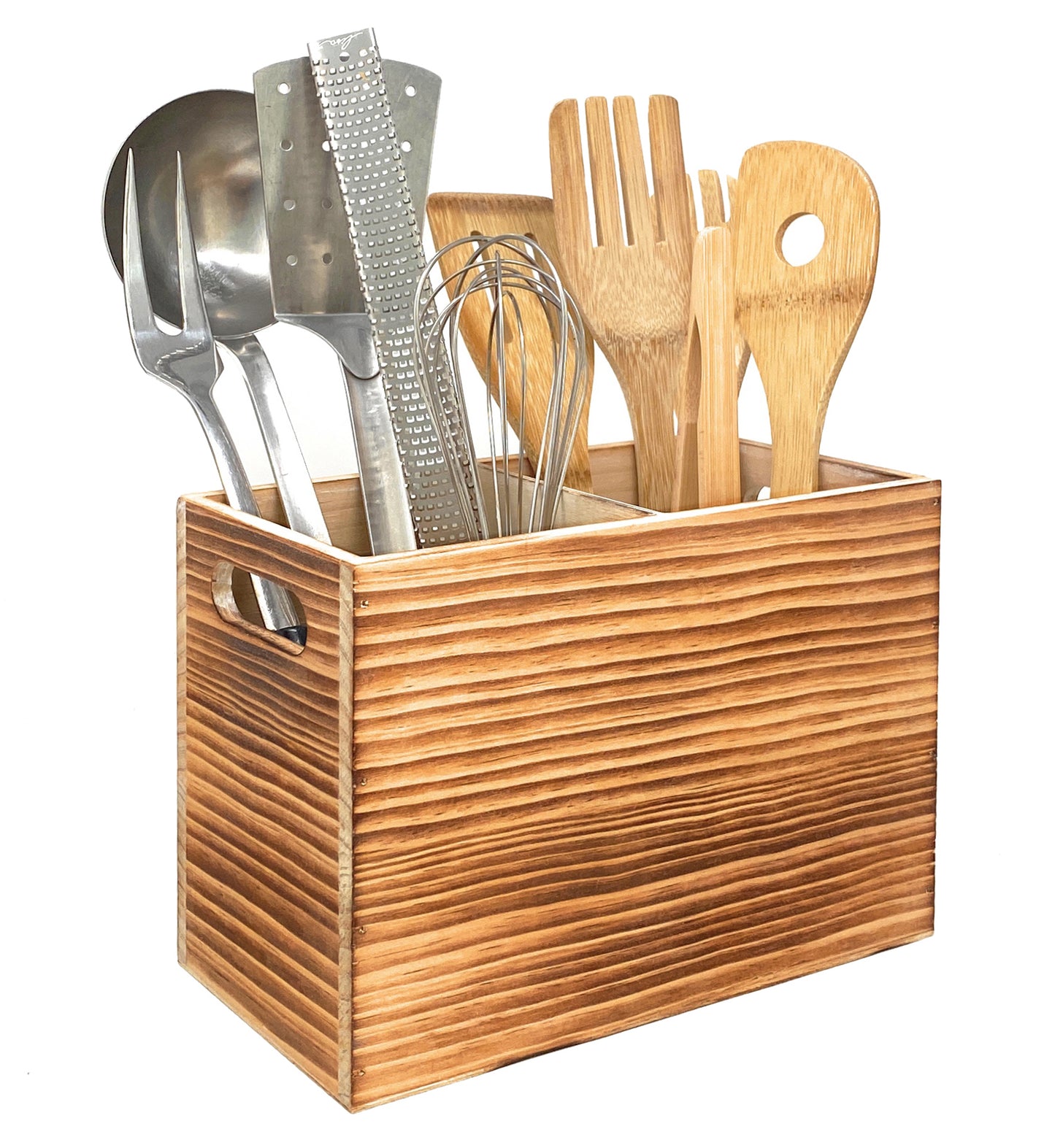 Utensil Holder in Rustic Wood for Kitchen Countertop and Cooking Tools
