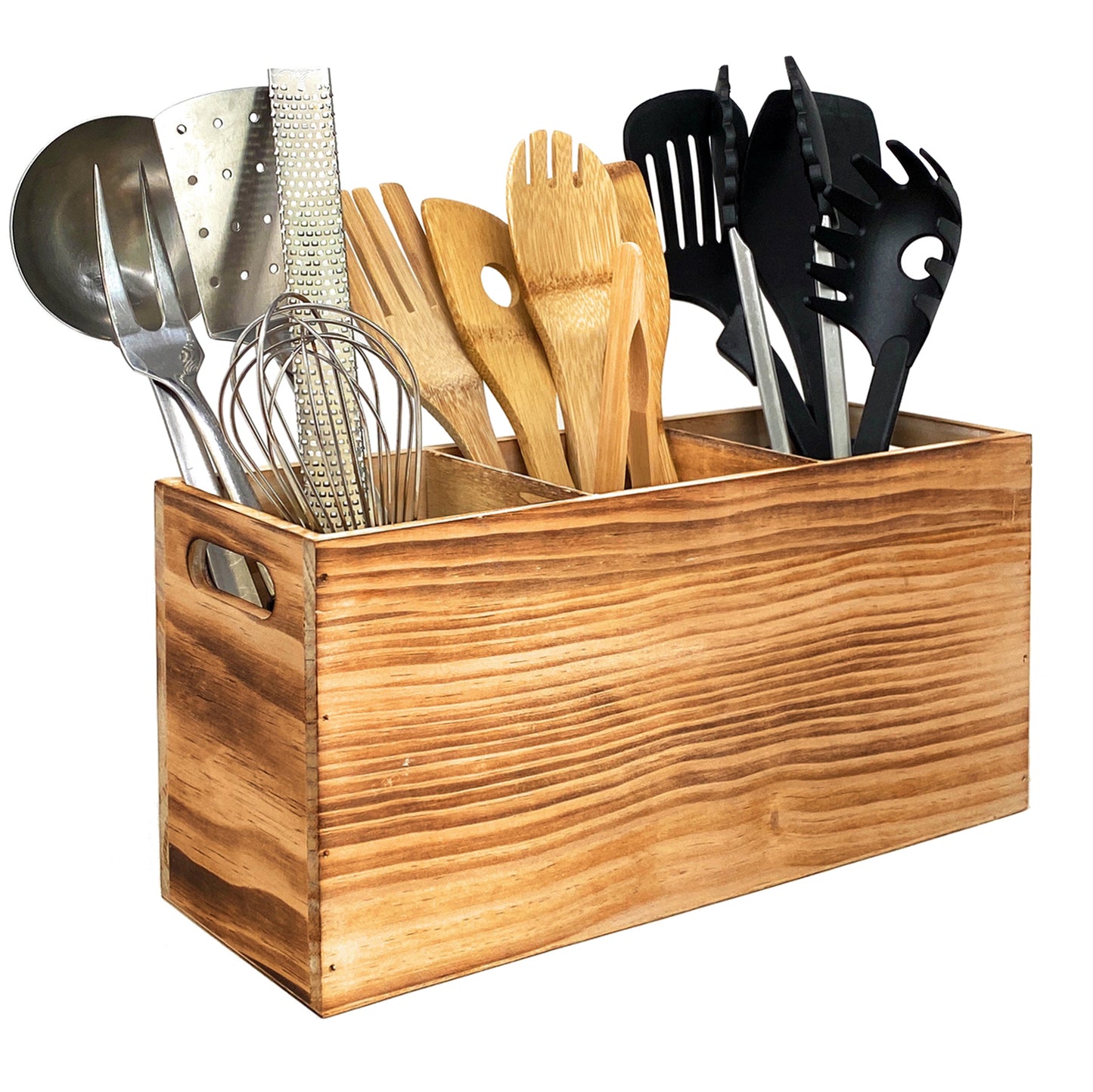 Utensil Holder in Rustic Wood for Kitchen Countertop and Cooking Tools