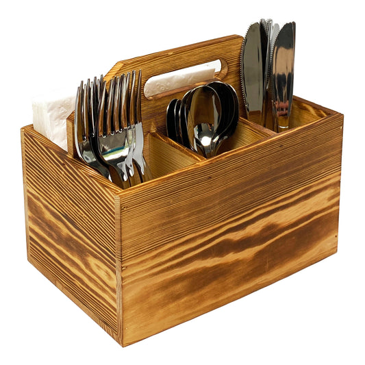 Utensil and Napkin Holder Flatware Caddy with Handle in Rustic Wood for Farmhouse Kitchen Decor, Silverware Organizer