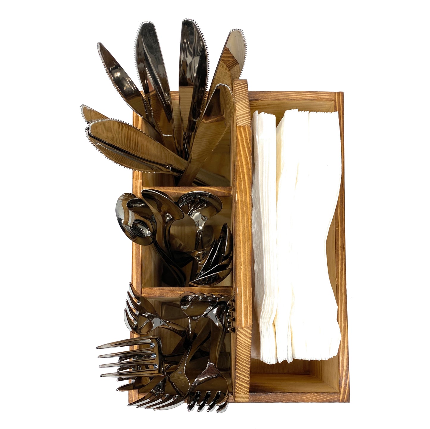 Utensil and Napkin Holder Flatware Caddy with Handle Rustic Wood
