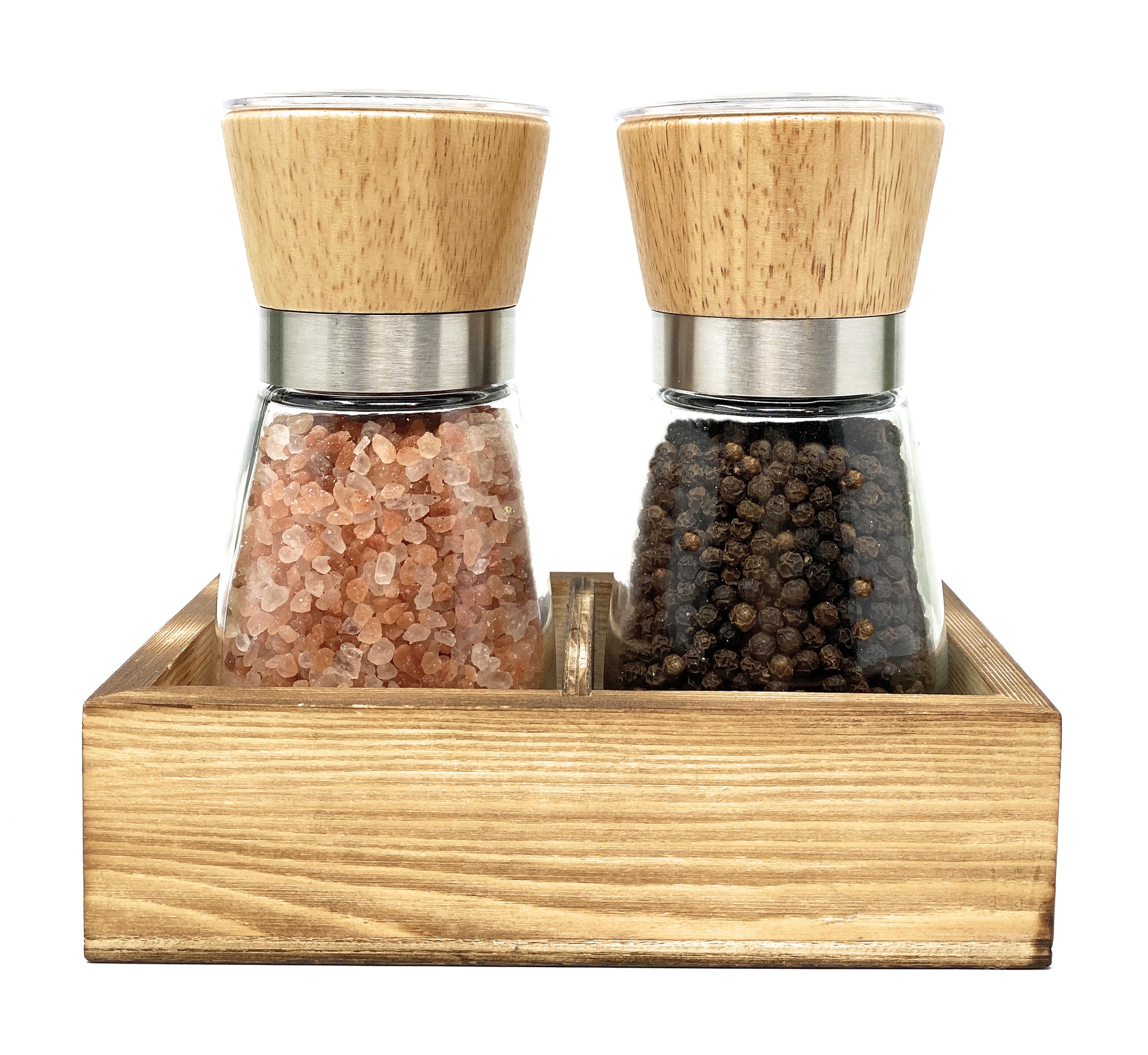 Wood Salt and Pepper Grinder Set with Holder, Glass Container