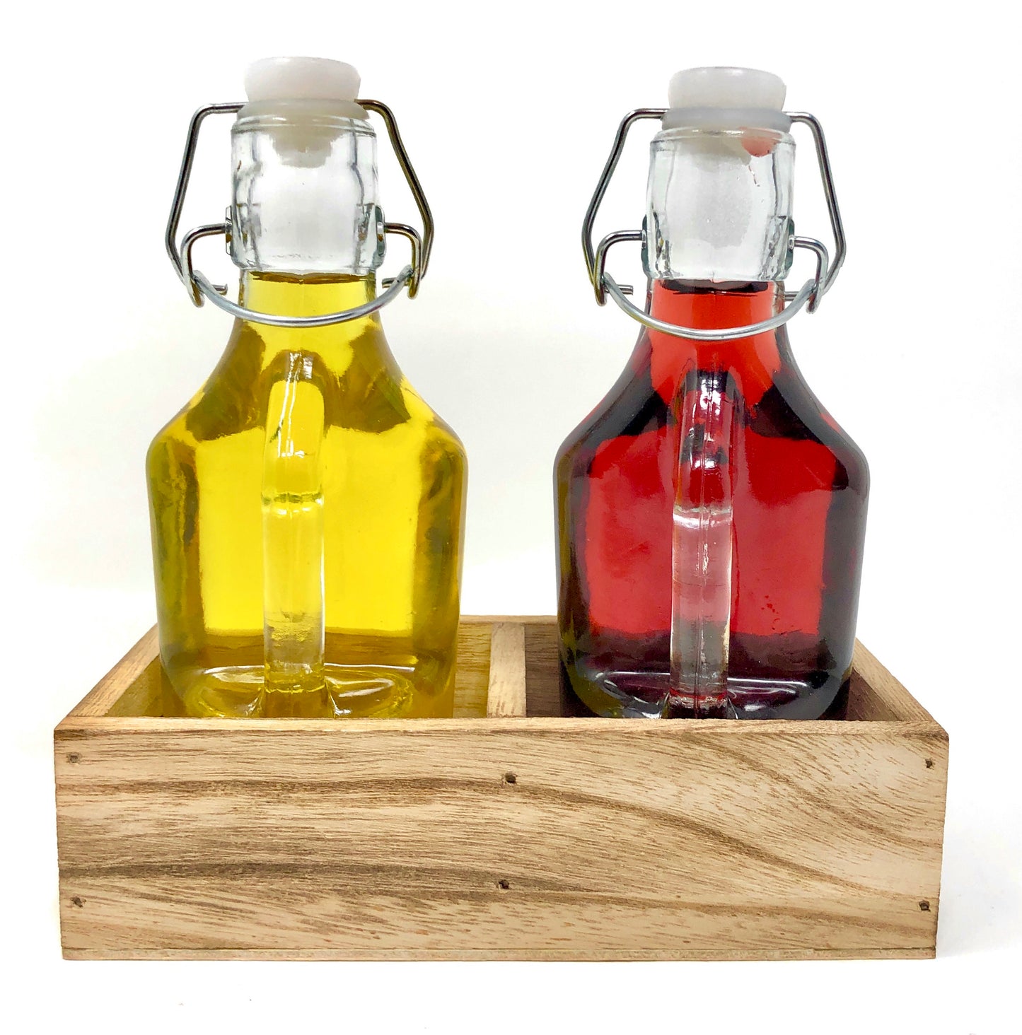 Oil and Vinegar Dispenser Set Cruet Glass Bottles with Swing Top and Wood Caddy for Salad Dressing Condiments, Rustic and Farmhouse Kitchen Decor