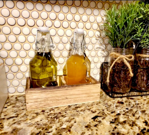 Oil and Vinegar Dispenser Set Cruet Glass Bottles with Swing Top and Wood Caddy for Salad Dressing Condiments, Rustic and Farmhouse Kitchen Decor